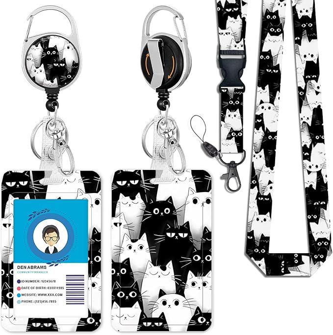 Giancomics Cat Lanyards for Id Badges, Cute ID Badge Holder with Lanyard Badge Reel Retractable, Teacher Lanyard with ID Holder Keychain Clip Name Tag ID Card Holder for Women Work Office Gift