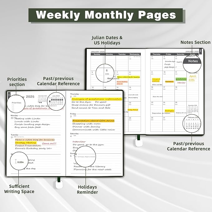 2025 Planner, Weekly Monthly Planner 2025, 8.25"×5.85", 12 Months, JAN.2025 to DEC.2025, School Planner with Soft Flexible Cover, Premium Thick Paper, for School Work Office, Green