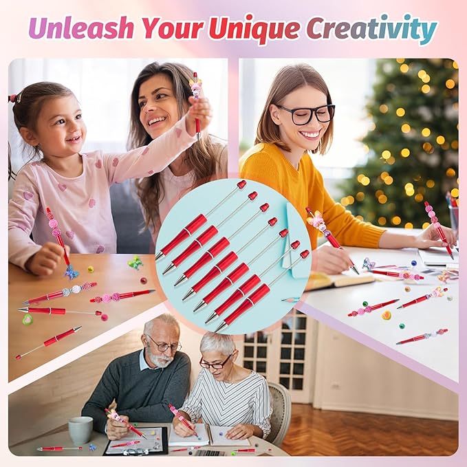 15 Pieces Beadable Pens - Beaded Pens Plastic Diy Black Ink Ballpoint Pens Bulk - Bead Pens Suitable For Teacher, Students, Office, School, Graduation Gift Supplies（Red）