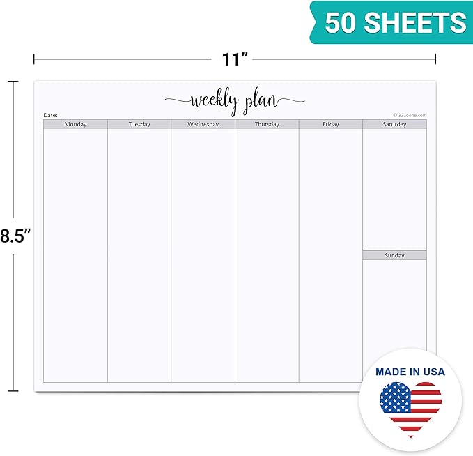 321Done Weekly Planning Notepad - 50 Sheets (8.5" x 11") - Landscape Days of Week Blank Horizontal Desk Planning Pad, Large Letter-Size - Made in USA - Simple Script