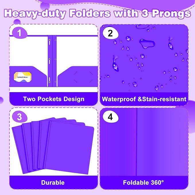 30 Pack Two Pocket Folders Business Card Holder Plastic Folders with Prongs for School Office Filing Cabinet Resume Portfolio (Purple)