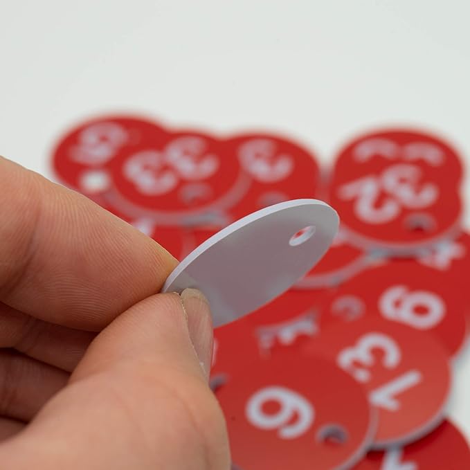 StayMax Plastic ID Number Tags Engraved Tags Key Tags Without Key Rings (1-50, Red)