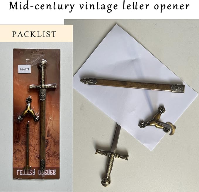 11" Metal Stainless Steel Sword Letter Opener with Stand,Medieval Vintage Gold Handle,Mini Sword,Lightweight Hand Envelope Slitter,Special Gift