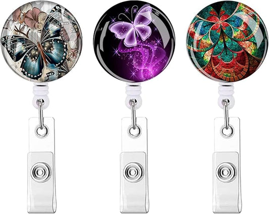 Retractable ID Badge Holder Nurse Badge Reels with Clip Name Card Holders for Office Worker Doctor Nurse (Butterfly 3-1)