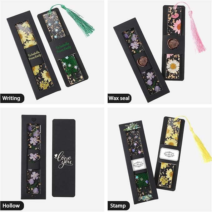 50 Set Kraft Bookmark Sleeves Resin Bookmark Holder 5.9 x 1.8'' Bookmark Cardboard Gift Boxes DIY Bookmark Blank Display Cards for Bookmark Wrapping Gift Supplies(Black)