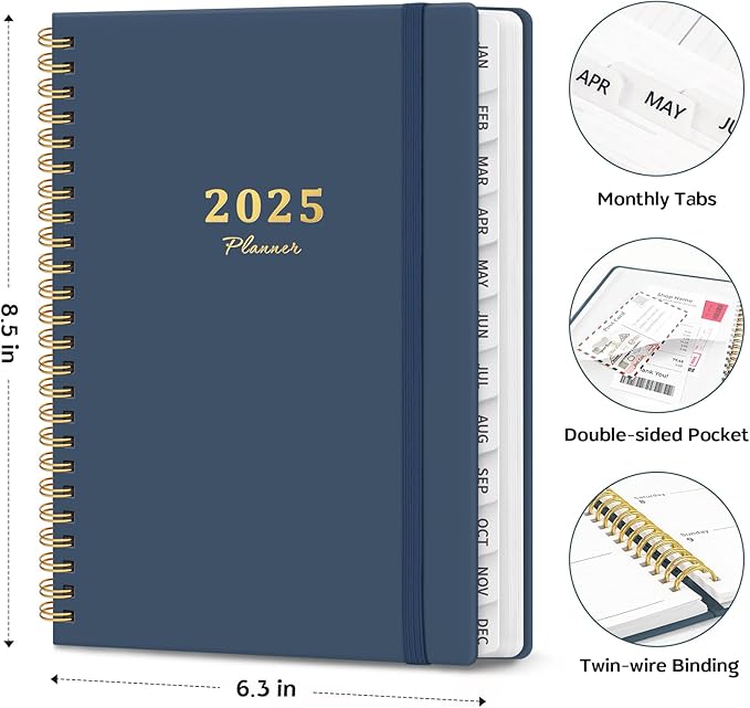 2025 Planner Weekly and Monthly, Jan 2025 - Dec 2025, Hardcover 2025 Calendar Planner Book with Monthly Tabs, Inner Pocket, Aesthetic Planner 2025 for Office Home School Planning - A5 (6.3" x 8.5"), Spiral Bound, Navy