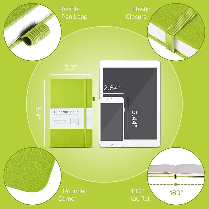 MALEDEN 7 Pack Lined Journal Notebook, Hardcover PU Leather Notebook for Men Women, 100 GSM Thick Numbered Pages with Index Content, Inner Pockets, Bookmarks, A5 Ruled Writing Journal Bulk (Green)