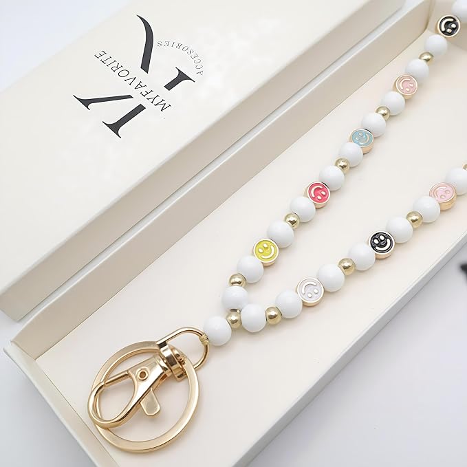 Smile Teacher Lanyard for Women ID Badges and Keychain Cute Happy Wood and Metal Beaded Lanyard Badge Holder