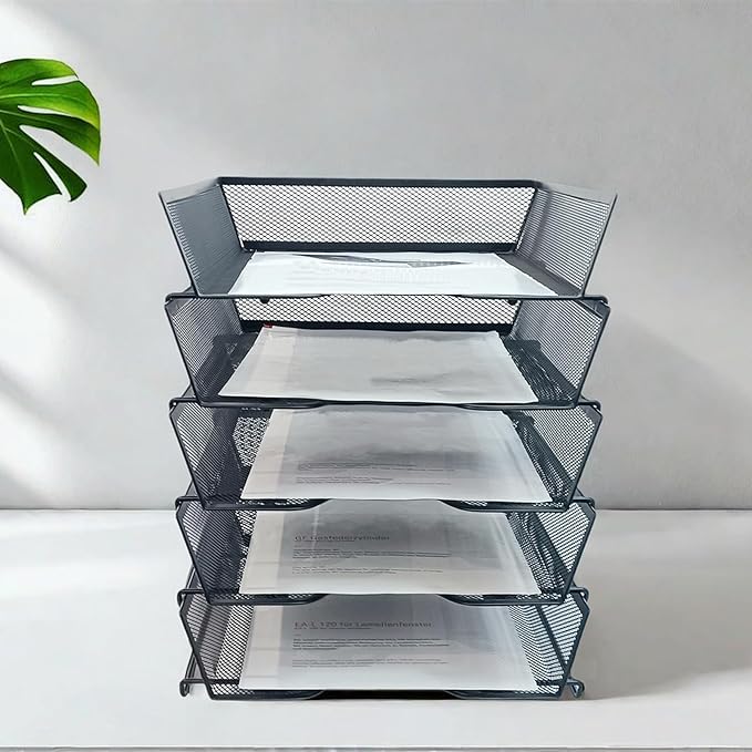 5 Tier Letter Tray Desk File Organizer,Metal Paper Organizer for Office Supplies,Black