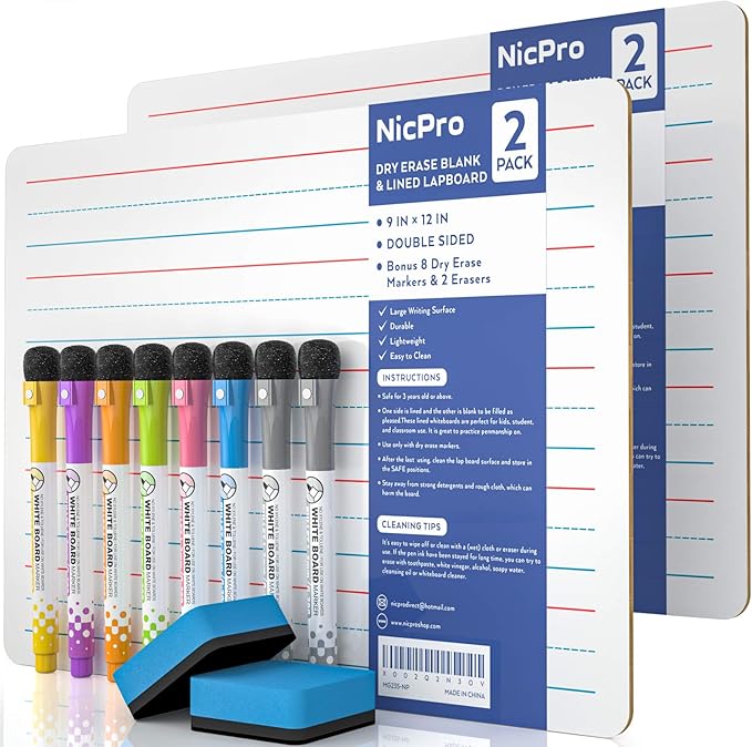 Nicpro Dry Erase Lap Board 9 x 12 inches 2 Pack Ruled Kid Double Sided Blank & Lined Small Lapboard with 8 Pens, 2 Eraser, Learning Mini Whiteboard Portable for Student and Classroom Use