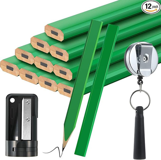 14 Pcs Carpenter Pencils, 7 Inches Flat Octagonal Hard Black Woodworking Construction Pencils Heavy Duty with Pencil Sharpener and Retractable Pencil Holder for Contractor Carpentry (Green)