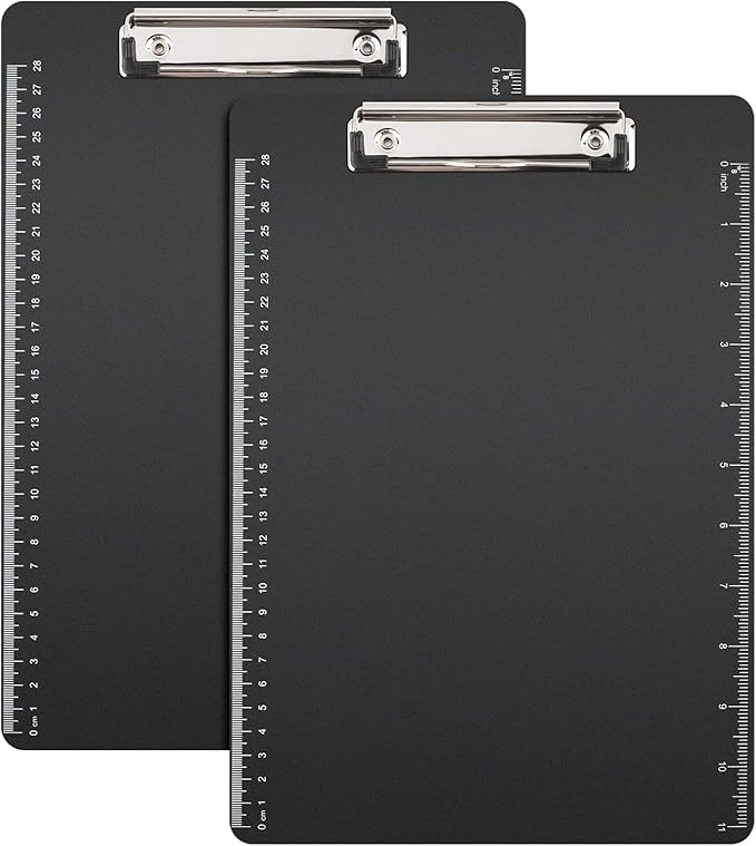 2 Pack Clipboards 8.5x11, Plastic Clipboards,Black Clipboard,Letter Size,Paper Clips,Nursing Clipboard,Paper Clip Holder,Document Holder,Writing Board with Ruler, A4 Letter Size for Offices School