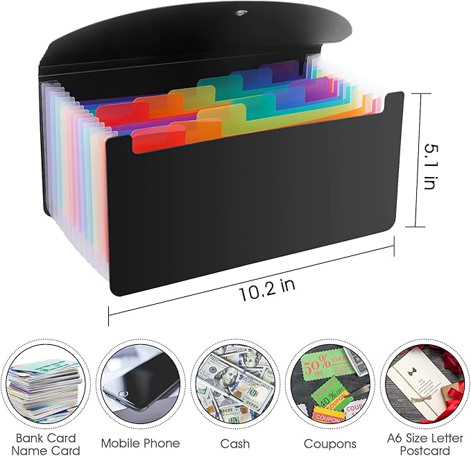 2 Pack 13 Pockets A6 Mini Coupon Organizer Wallet, Expandable Accordion File Organizer for Storage Receipt Cards Coupons Tickets - Black