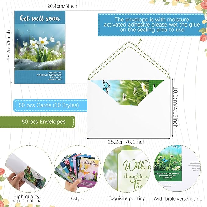 50 Pack Religious Get Well Cards with Scripture Assorted Bible Verse 4 x 6 Inch Affirmation Inspirational Christian Landscape Photography Wishing You Well Greeting Cards with Envelopes