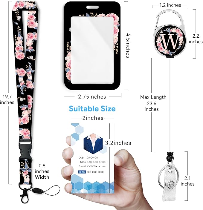 A-Z Badge Holder with Retractable Reel and Breakaway Lanyard Badge Clips Retractable Heavy Duty Badge Reel，Keychain，ID Holder with Breakaway Lanyard for School Nurse Office Teen W