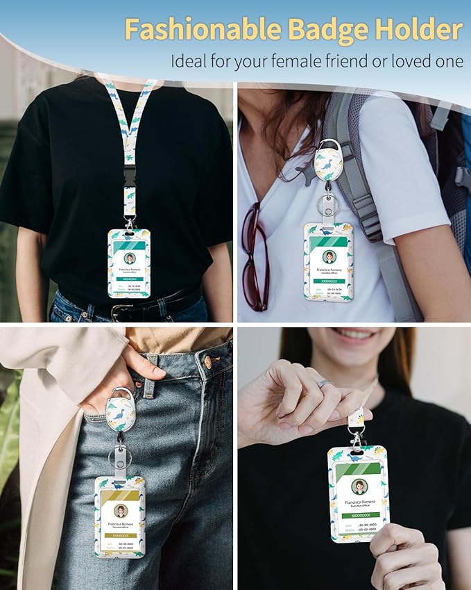 Uniclife Fashionable Sliding Badge Holder Cartoon Dinosaur Plastic Case with Retractable Badge Reel Carabiner Clip & Detachable Lanyard Strap Vertical Card Protector for Women Nurse Teacher Student