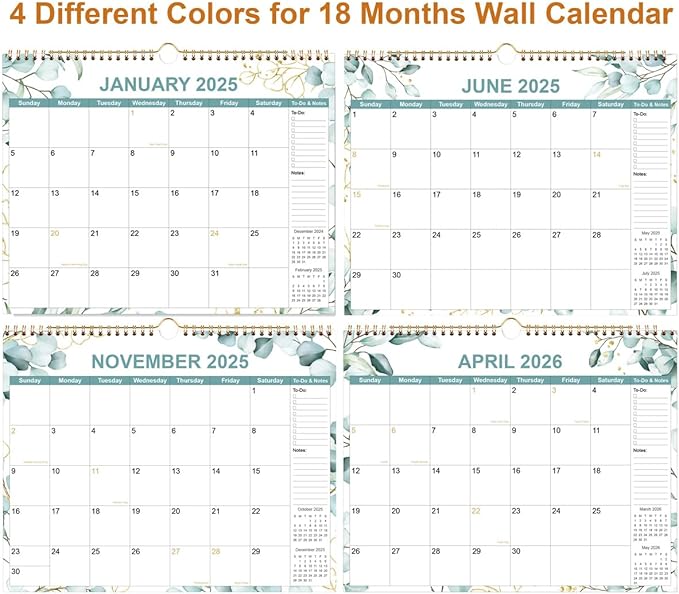 2025 Calendar - Calendar 2025-2026 from January 2025 - June 2026, 18 Months Calendar with Premium Paper, Twin-Wire Binding & Hanging Hook, 12" x 14.5", Green Leaf