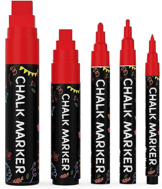 5 Red Chalkboard Chalk Markers - Red Dry Erase Markers for Blackboard, Chalkboard Signs, Windows, Glass | Variety Pack - Fine & Jumbo Size Ink Pen (1mm, 3mm, 6mm, 10mm, 15mm)