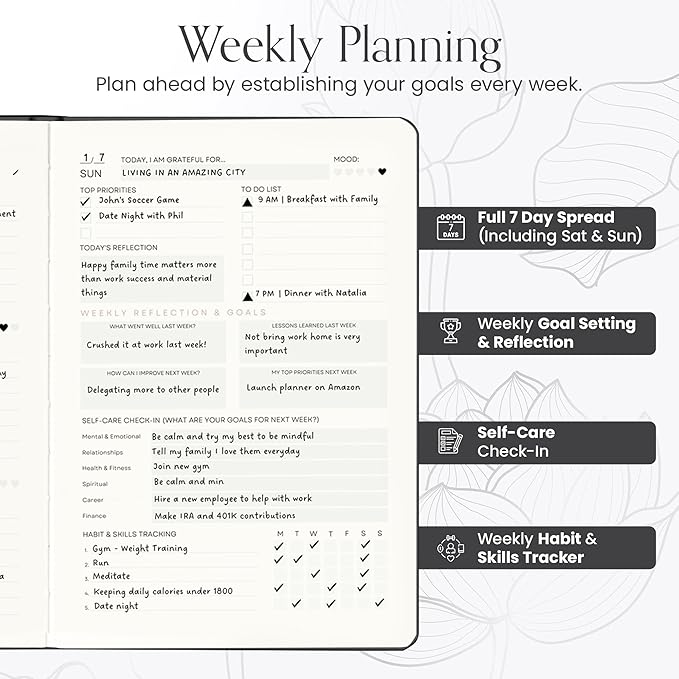 2025 Planner, Daily Journal & Gratitude Journal All-In-One with To Do List, Self Care Prompts & Habit Tracker - 7 x 10 - Black