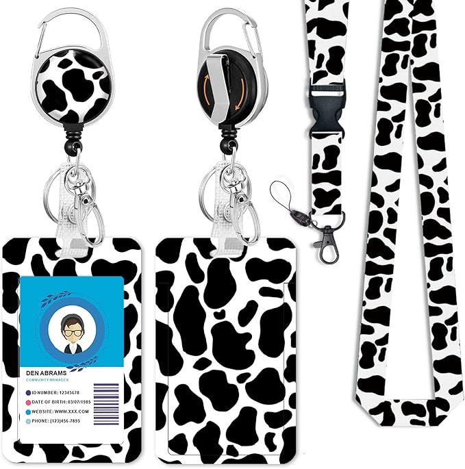 Cute Cow Badge Reel Retractable Heavy Duty with 360 Degrees Rotate Carabiner Clip, ID Badge Holder with Detachable Lanyard, ID Holder ID Clip Name Badge Keychain, Nurse Teacher Offfice Gifts
