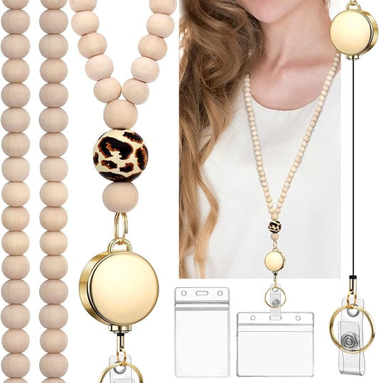 Teacher Lanyard with Id Holder, Cute Lanyards for Id Badges Keys, Retractable Natural Wooden Beaded Lanyard for Women