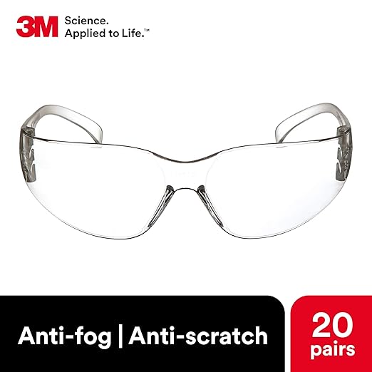 3M Safety Glasses, Virtua, 20 Pair, ANSI Z87, Unisex, Anti-Fog, Scratch Resistant, Clear Lens, Clear Frame, Affordable Eye Protection, Lightweight, Wraparound Coverage