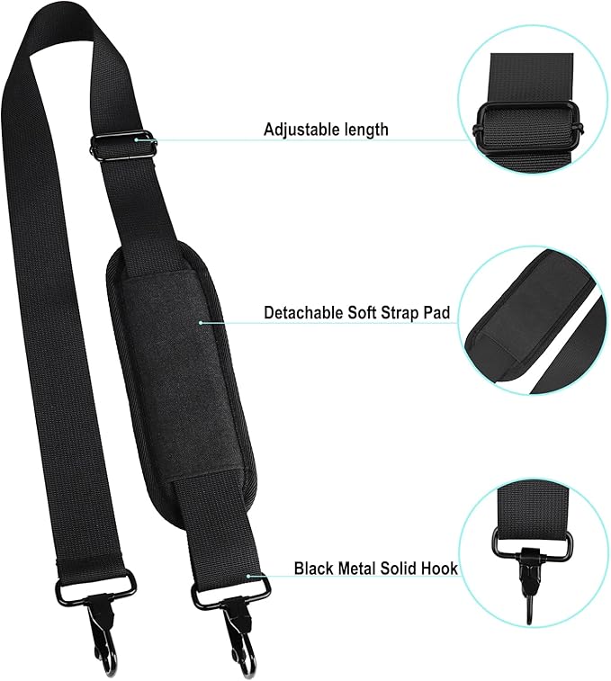 56 inch Shoulder Strap, Universal Adjustable Thick Soft Duffel Bag Shoulder Strap Replacement Comfortable Belt with Metal Swivel Hooks for Laptop Messenger Bag, Briefcase, Shoulder Bag, Black