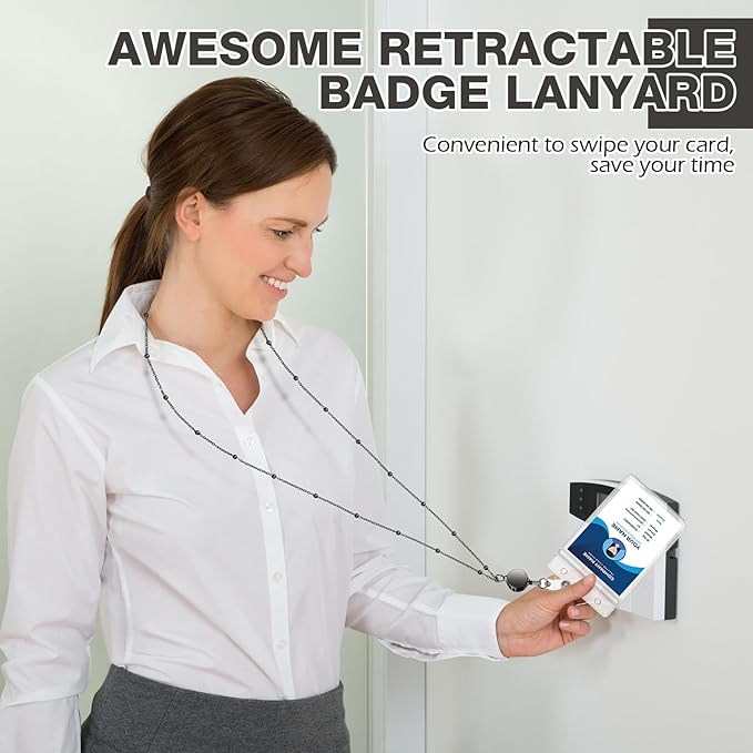 Outus 2 Pieces Badge Lanyard with ID Holders Stainless Steel Badge Holders Necklace Retractable Reel Clip Chain Water Resistant Name(Gray)