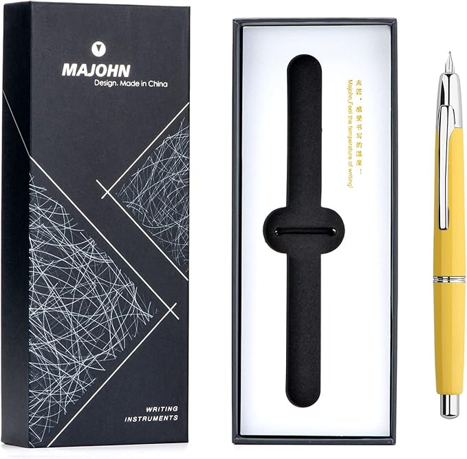 Majohn A2 Press Fountain Pen Extra Fine Nib with Box, Retractable Yellow Resin Ink Pen with Converter Writing Pen Set (Silver Clip Version）