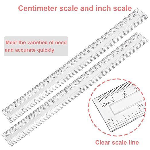 2 Pack-12 inch Clear Plastic Ruler Straight Shatterproof Transparent Rulers for Office Supply (Clear)