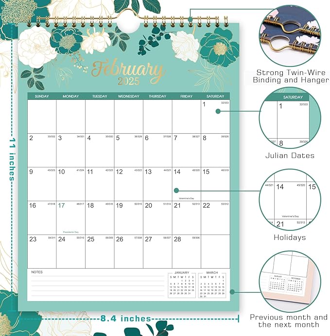2025 Wall Calendar - 2025 Calendar, Wall Calendar from Jan. 2025 - Dec. 2025, 8.4” x 11", Twin-wire Binding, Hanging Hook, Holidays