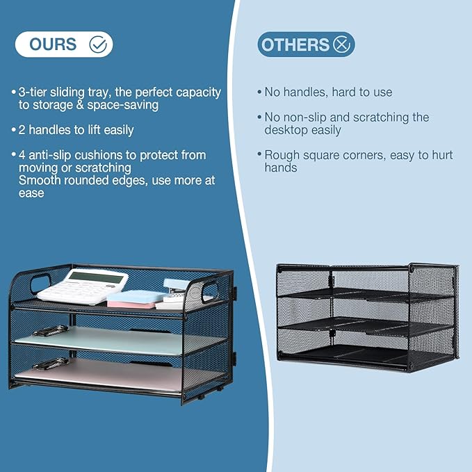 3-Tier Letter Tray Paper Organizer with Handle, Compact Mesh Desk File Organizer for Home Office Supplies Desktop Accessories,Black