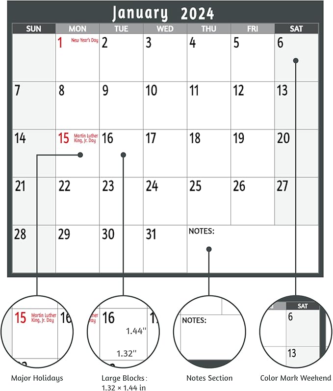 2024 Dry Erase Calendar – Large Yearly Wall calendar 2024, 38.2'' x 25.2'', 2-Side Reversible Calendar 2024, Vertical/Horizontal, Jan 2024 – Dec 2024, 2024 Wall Calendar with Notes, Stickers - Grey