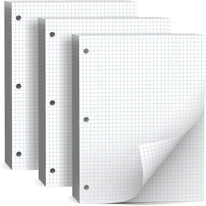 360 Sheets Quad Ruled Graph Paper, 3 Hole Punch Paper 8 x 10.5 White, Loose Leaf Graph Paper,Filler Paper 4 x 4 Graph Rule, Notebook Paper for 3 Ring Binder, Engineering Paper for School Home Business