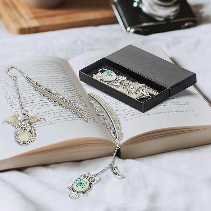 2 Pack Vintage Feather Metal Bookmark, Unique Glow in The Dark Bookmark Gift for Men Women(Dragon & Owl Antique Silver)