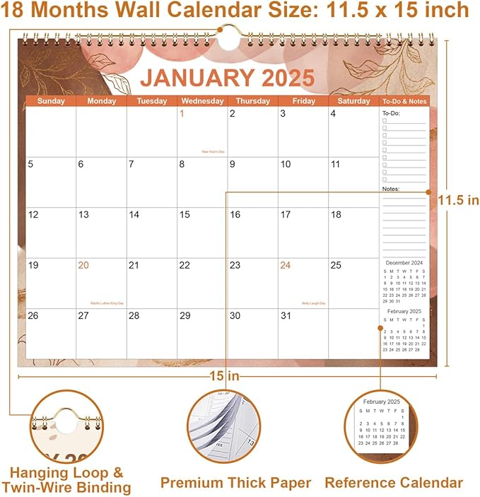 2025-2026 Calendar - Wall Calendar 2025-2026 from January 2025 to June 2026, 18 Months Calendars with Thick Paper, 11" x 14.5", Gold Leaf