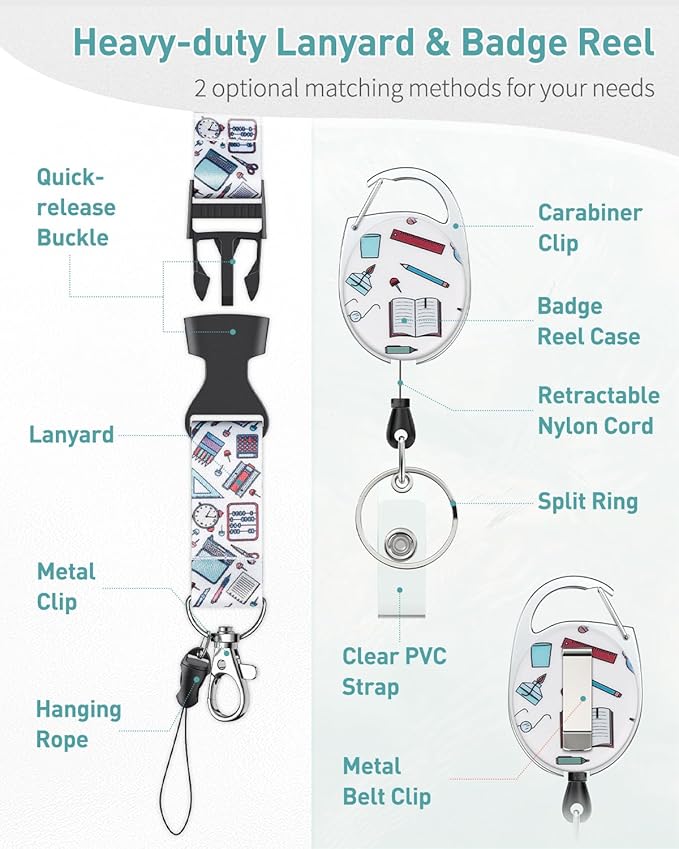 Uniclife Fashionable Sliding Badge Holder Stationery Pattern Plastic Case with Retractable Badge Reel Carabiner Clip & Detachable Lanyard Strap Vertical Card Protector for Women Nurse Teacher Student