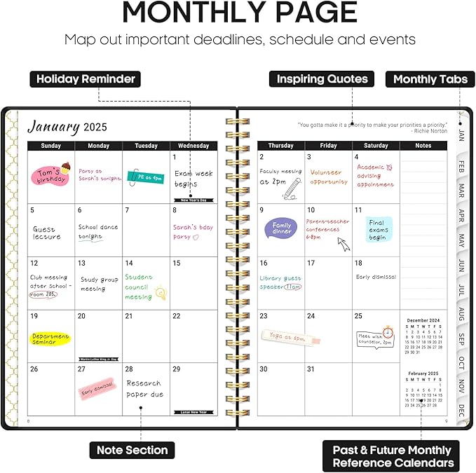 2025 Planner - Weekly and Monthly Planner Spiral Bound, January 2025 - December 2025, Hardcover 2025 Calendar Planner Book with Tabs, Inner Pocket, Perfect for Office Home School Supplies - A4 (8.5" x 11"), Black