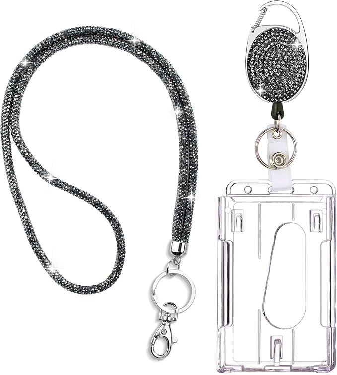 VIQWYIC Retractable ID Badge Holder with Clip, ID Name Badge Reels with Bling Rhinestones Retractable Card Holder for Office Worker Teacher Doctor Nurse (Light Black)