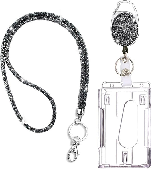 VIQWYIC Retractable ID Badge Holder with Clip, ID Name Badge Reels with Bling Rhinestones Retractable Card Holder for Office Worker Teacher Doctor Nurse (Light Black)