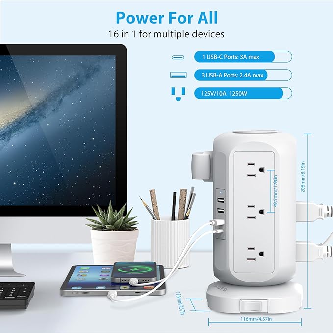 15 ft Long Extension Cord Power Strip Tower,AOFO Surge Protector 12 AC Outlets 4 USB(1 USB C) Ports, Charging Tower Overload Protection with Multiple Outlets for Home Dorm Office