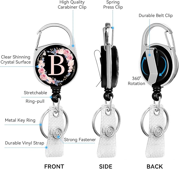 A-Z Badge Holder with Retractable Reel and Breakaway Lanyard Badge Clips Retractable Heavy Duty Badge Reel，Keychain，ID Holder with Breakaway Lanyard for School Nurse Office Teen B