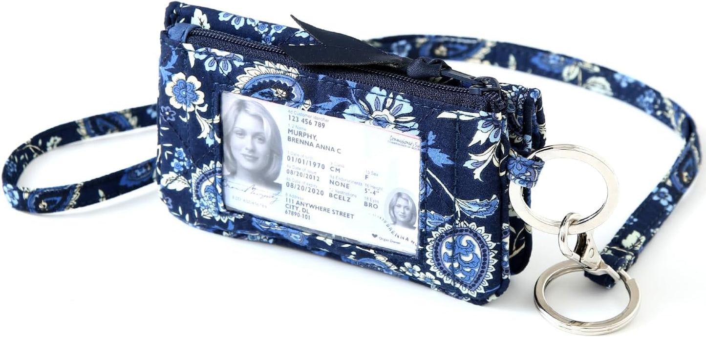 WONDERFUL FLOWER Card Holder, RFID Blocking, ID Holder with Lanyard for Women, Dual Pockets, Badge Holder, Lanyard Wallet, Fabric Keychain ID Pouch, Blue Paisley