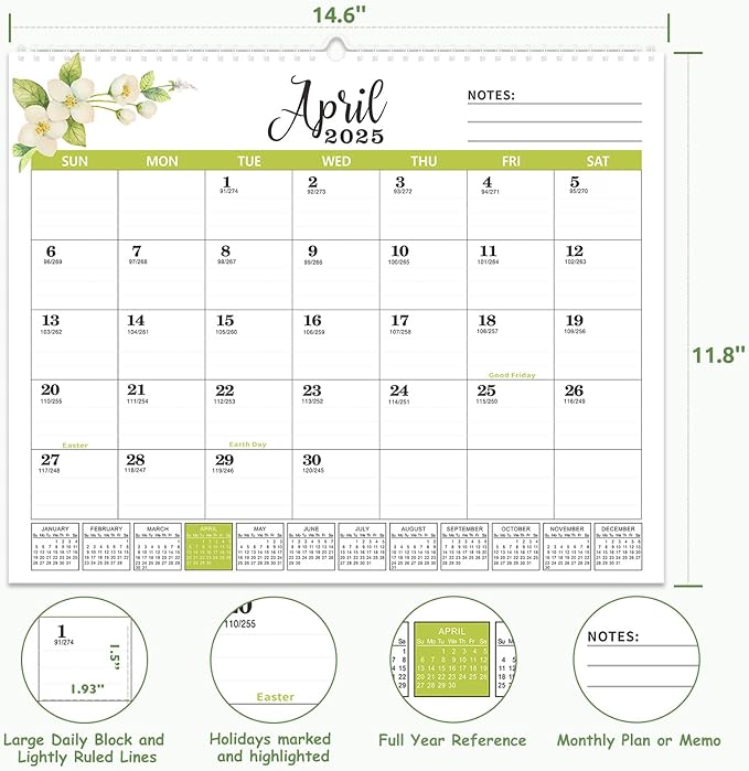 2025 Wall Calendar, 18 Months Calendar, Jan. 2025 - June 2026, 14.6'' x 11.8'', Desk Calendar 2025 with Large Blocks, Ideal 2025 Calendar for Home, Office, Classroom, or Business Planning