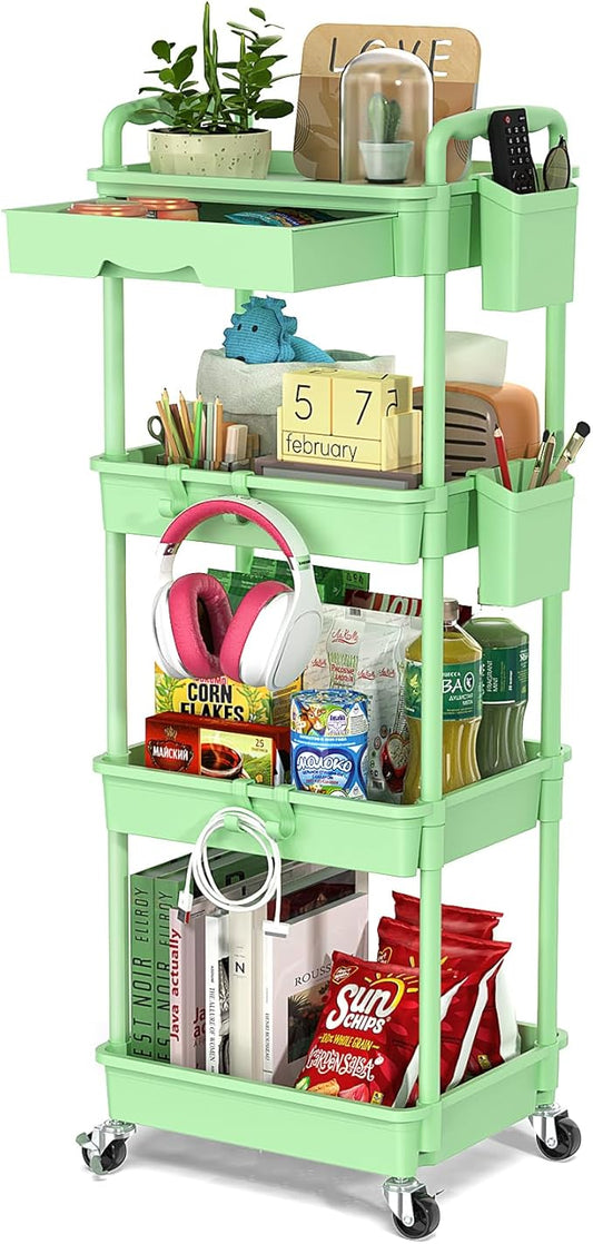 4 Tier Rolling Utility Cart with Drawer, Utility Storage Organizer with Plastic Shelf & Lockable Wheels Multifunctional Storage Cart for Kitchen, Bathroom, Office, Living Room, Green