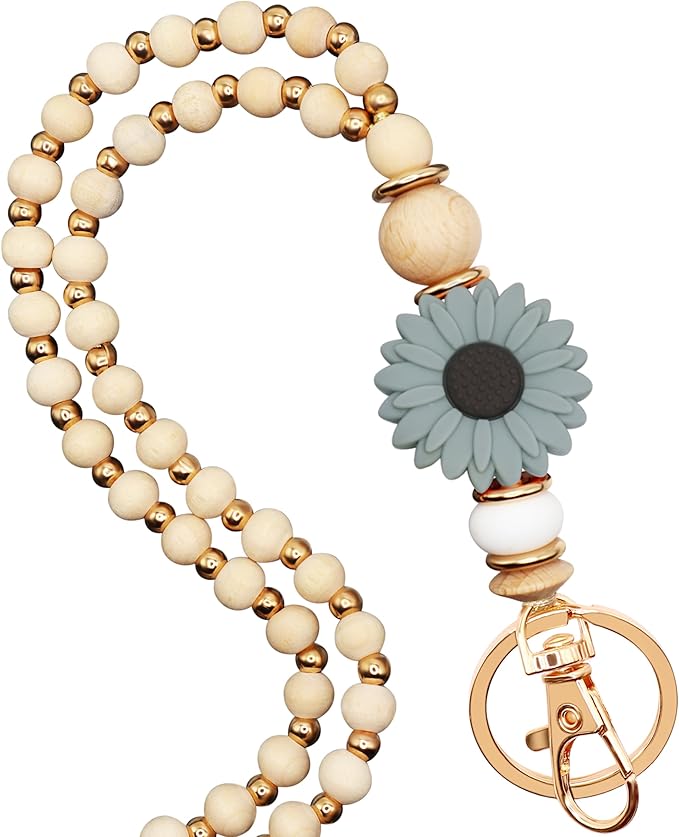 Wooden Teacher Lanyards for Id Badge Cute Flower Wood and Gold Beaded Lanyards for Women for Nurse Badge