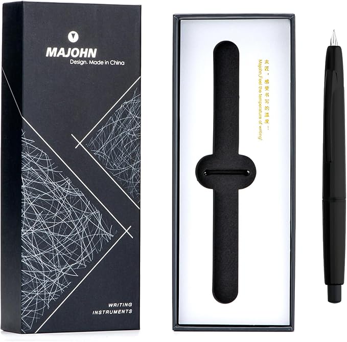Majohn A2 Retractable Fountain Pen Extra Fine Nib with Box, Press Black Resin Ink Pen with Converter Writing Set (Black Clip Version)