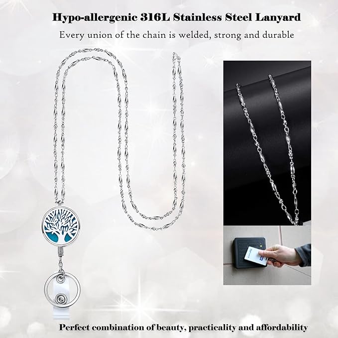 Retractable Lanyard for ID Badges Holder Badge Reels Retractable for Nurses Diffuser Necklace Lanyards for Women Silver Stainless Steel Chain Lanyard for Teacher Office Worker Tree of Life