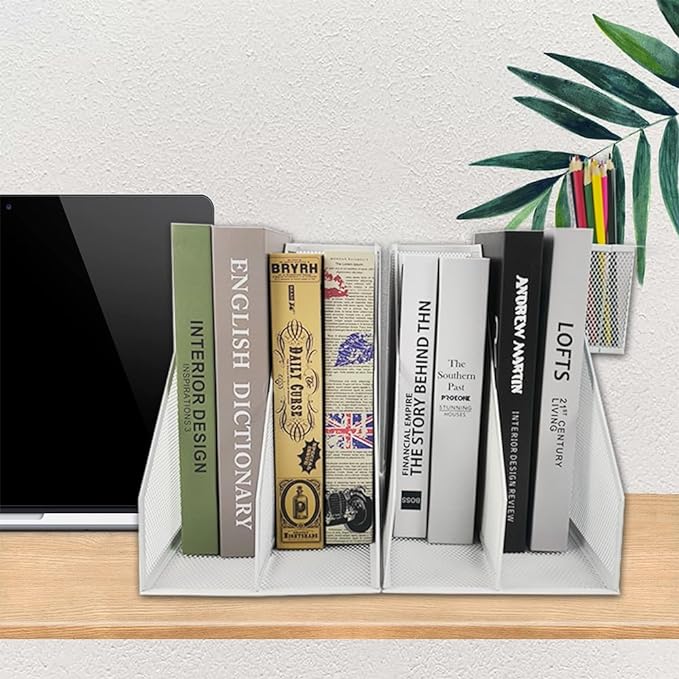 2 Set Desk Organizers, Metal Desk Magazine File Holder and 1 Pen Holder, 2 Compartments Mesh File Holder, Mesh Desktop Organizer and Storage (white)