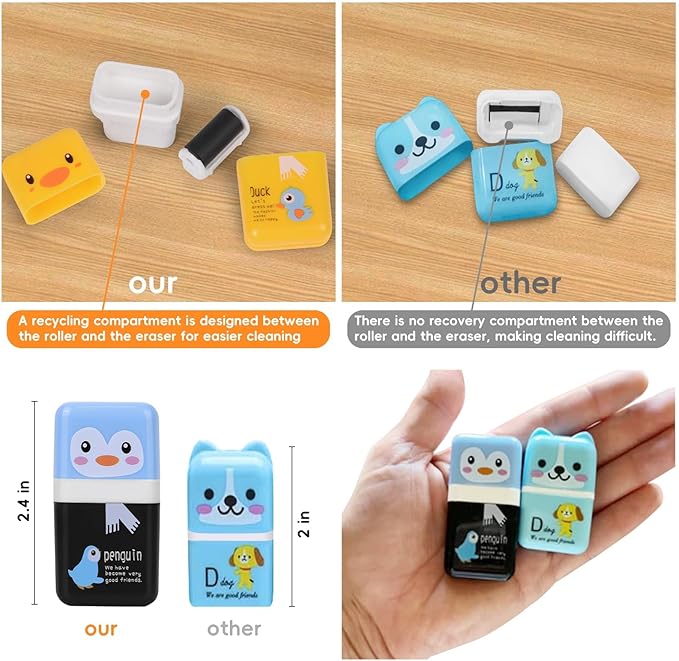 24 Pack of Pencil Erasers,Pencil Eraser Shaving Roller Case for Easy Pick Up and Removal | Animal Themed Cute and Fun Party Favor and School Supplies for Kids,Back to School Gift